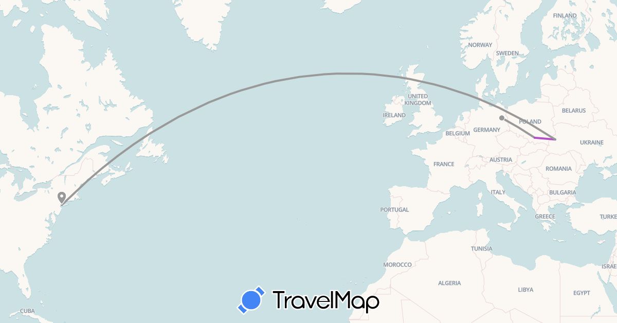 TravelMap itinerary: driving, plane, train in Germany, Poland, Ukraine, United States (Europe, North America)
